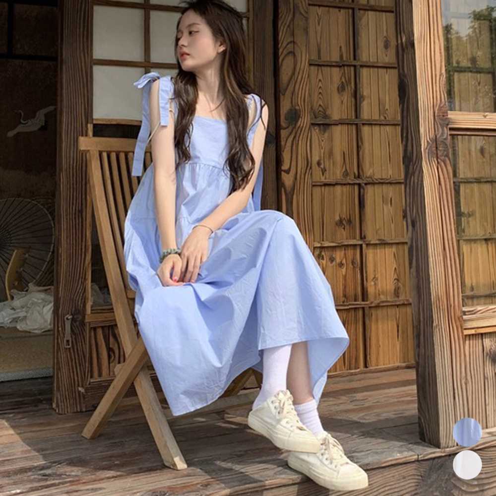 青ファッション 爽やか ティアード肩リボン ロングワンピース