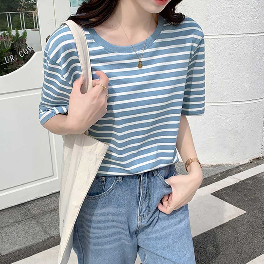 青ファッション 爽やか青ボーダーシャツ レディース半袖