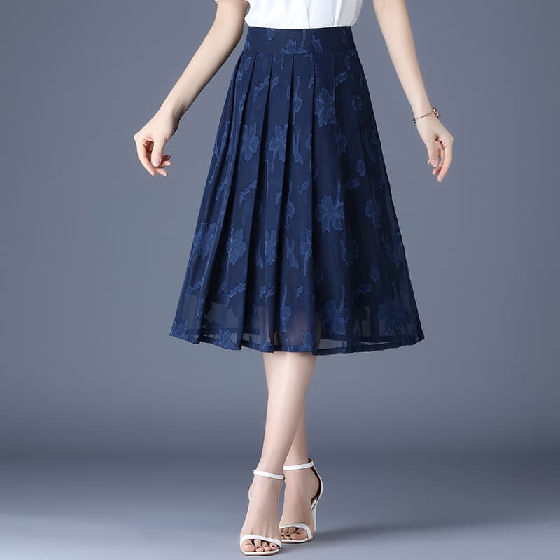 青ファッション スカート 花柄プリーツミディボトムス