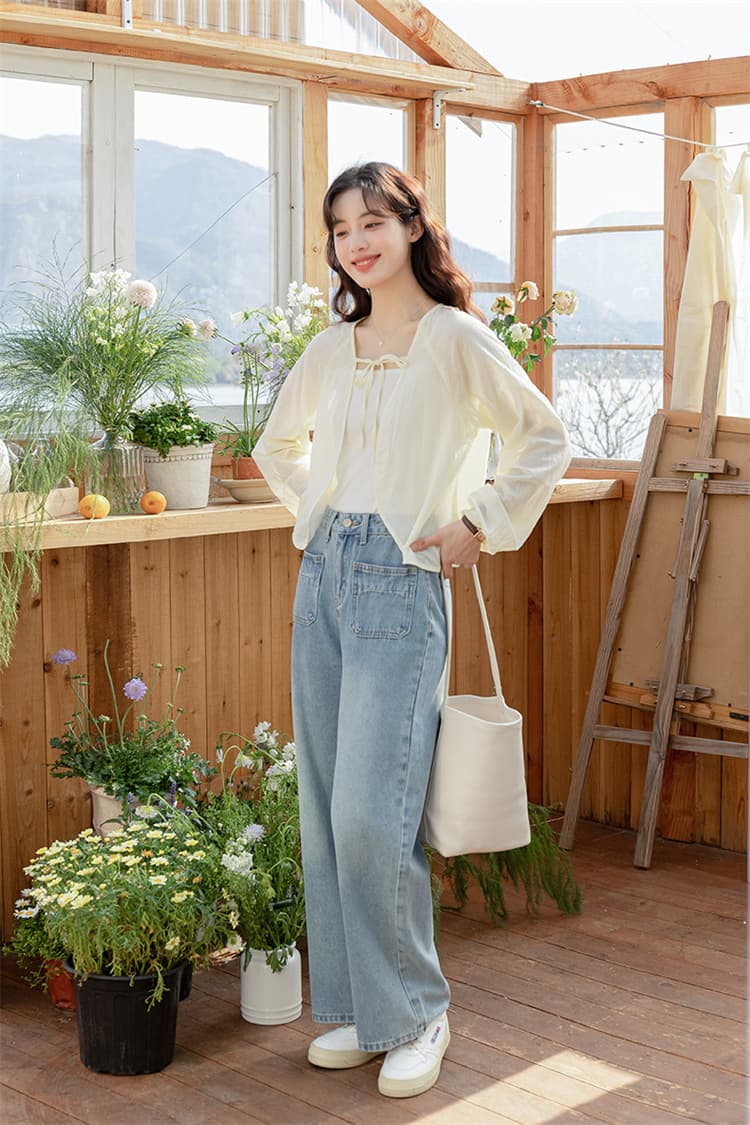 青ファッション 秋の青色ハイウエストワイドデニムパンツ