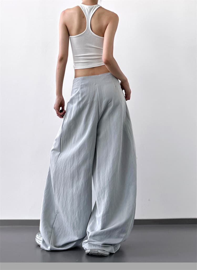 青ファッション 春夏ワイドパンツ ハイウエスト 青系ゆったりシルエット