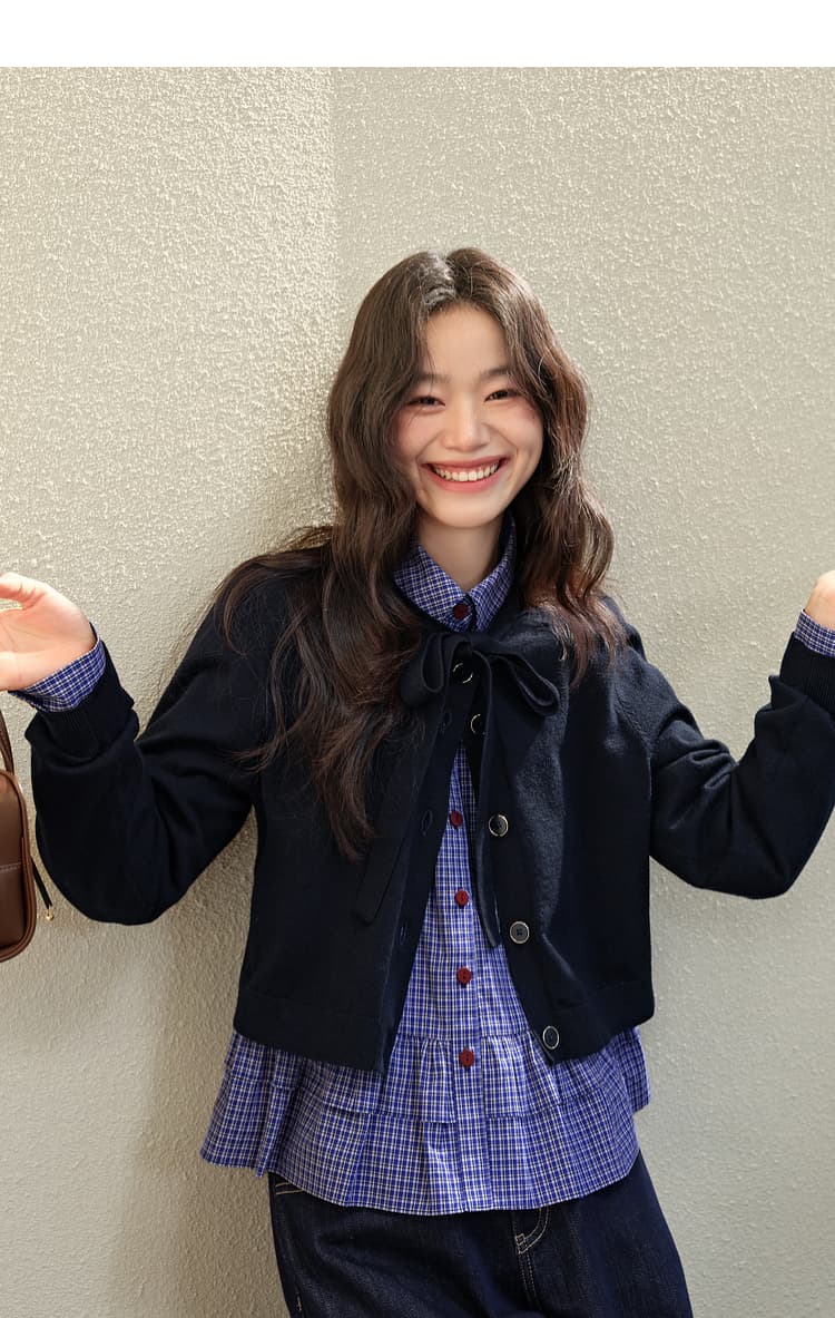 青ファッション シャツ 格子柄フリルペプラムシャツ