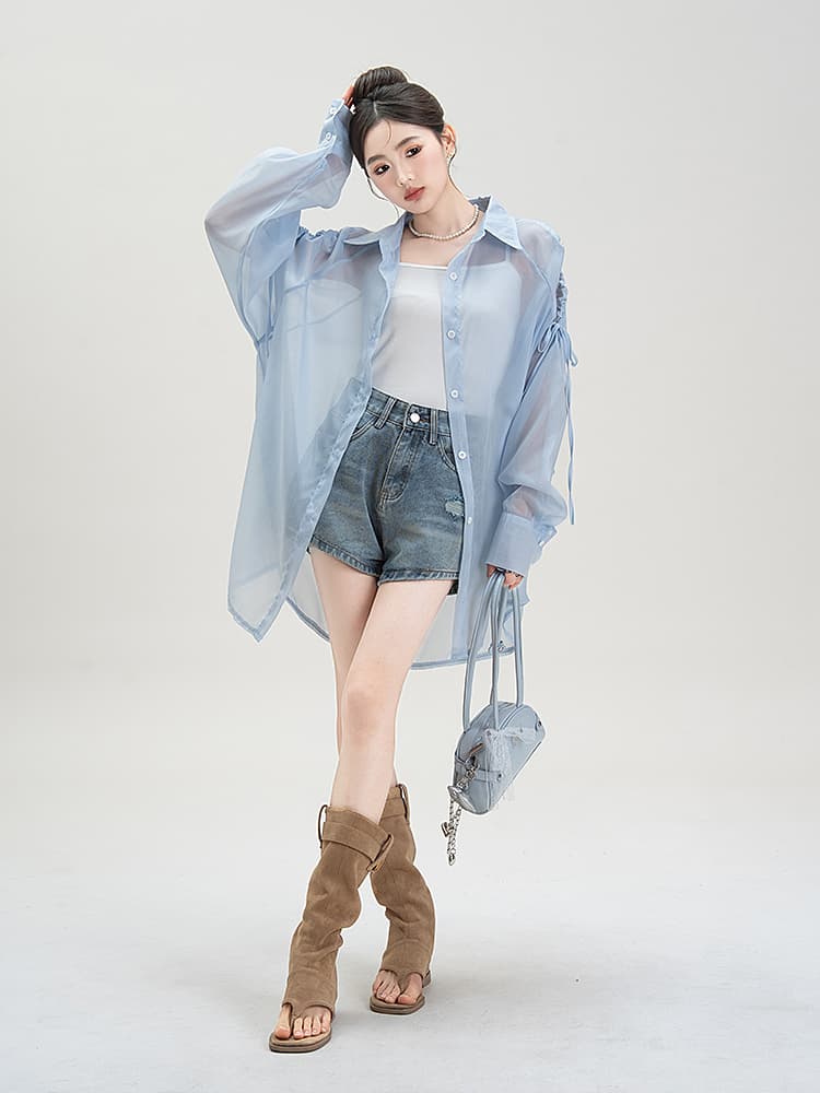 青ファッション 透け感シースルー袖リボンシャツ