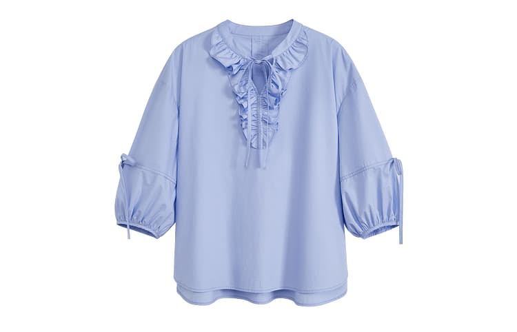 青ファッション ブラウス リボン袖フリルトップス