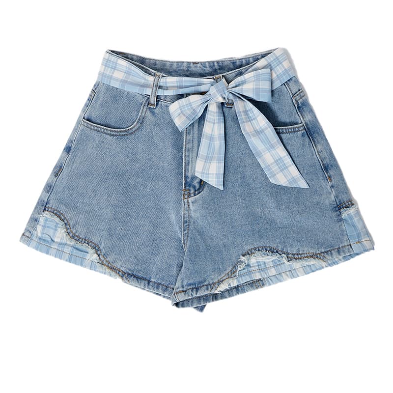 青ファッション チェックリボン付きデニムショートパンツ