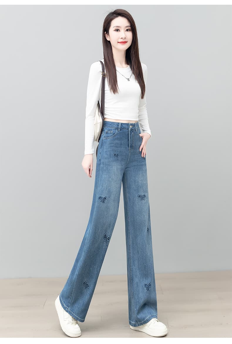 青ファッション パンツ 蝶結び柄ワイドデニム