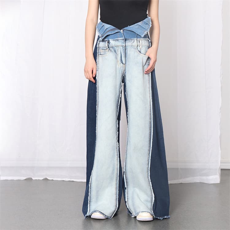青ファッション デニムワイドパンツ ハイウエスト ゆったりロング
