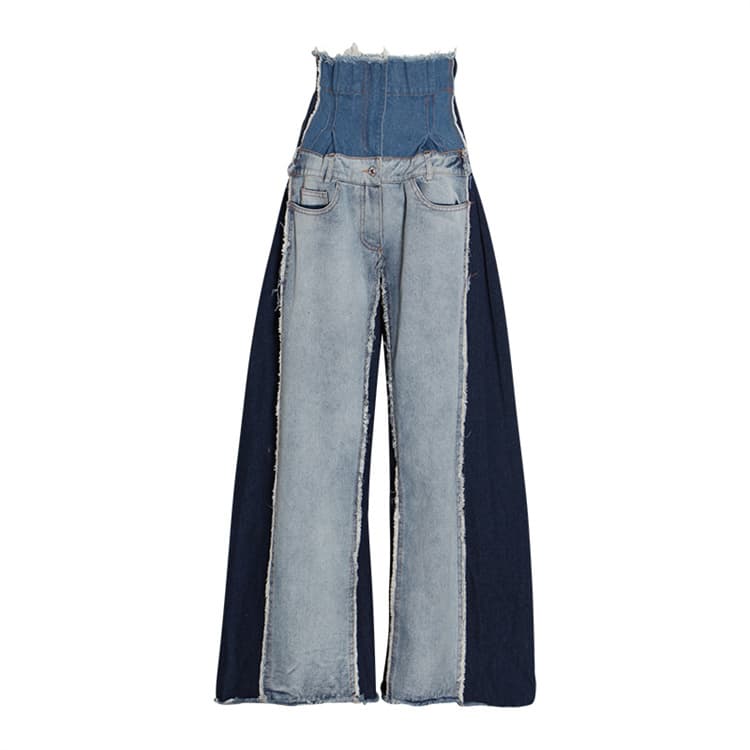 青ファッション デニムワイドパンツ ハイウエスト ゆったりロング
