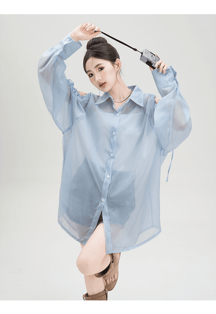 青ファッション 透け感シースルー袖リボンシャツ