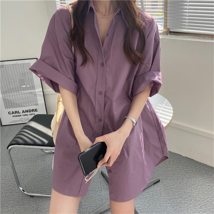 青ファッション ゆったりシルエット中丈シャツワンピース