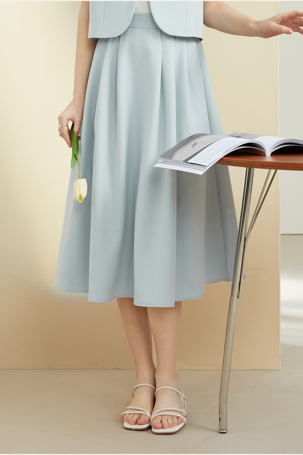 青ファッション プリーツフレアスカート
