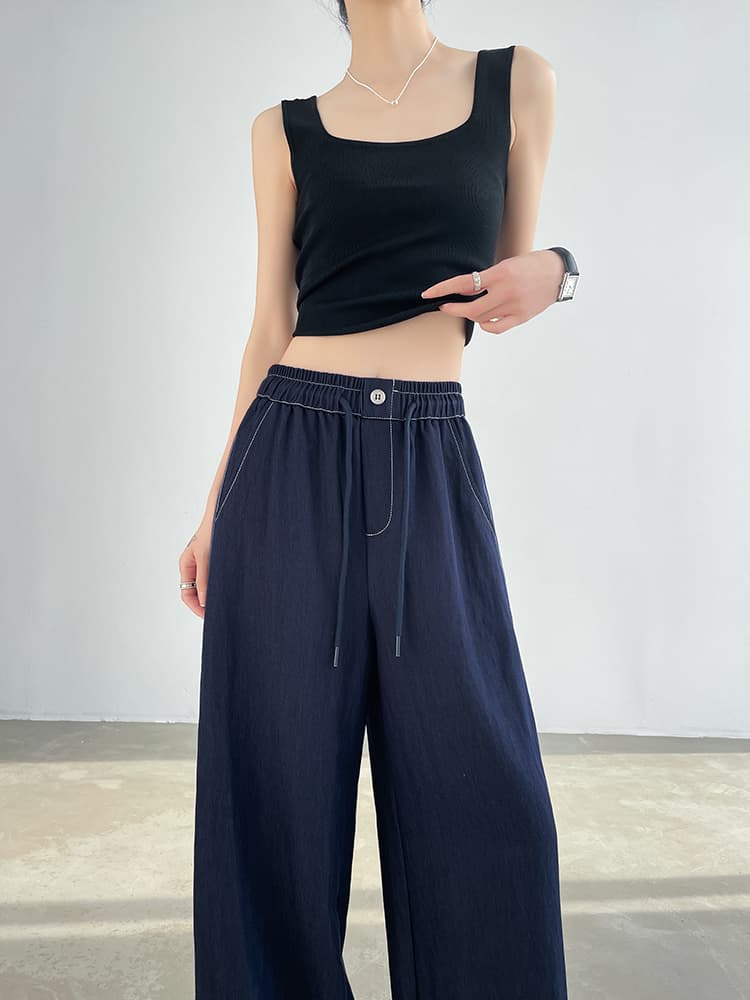 青ファッション ワイドシルエット ドローストリングパンツ