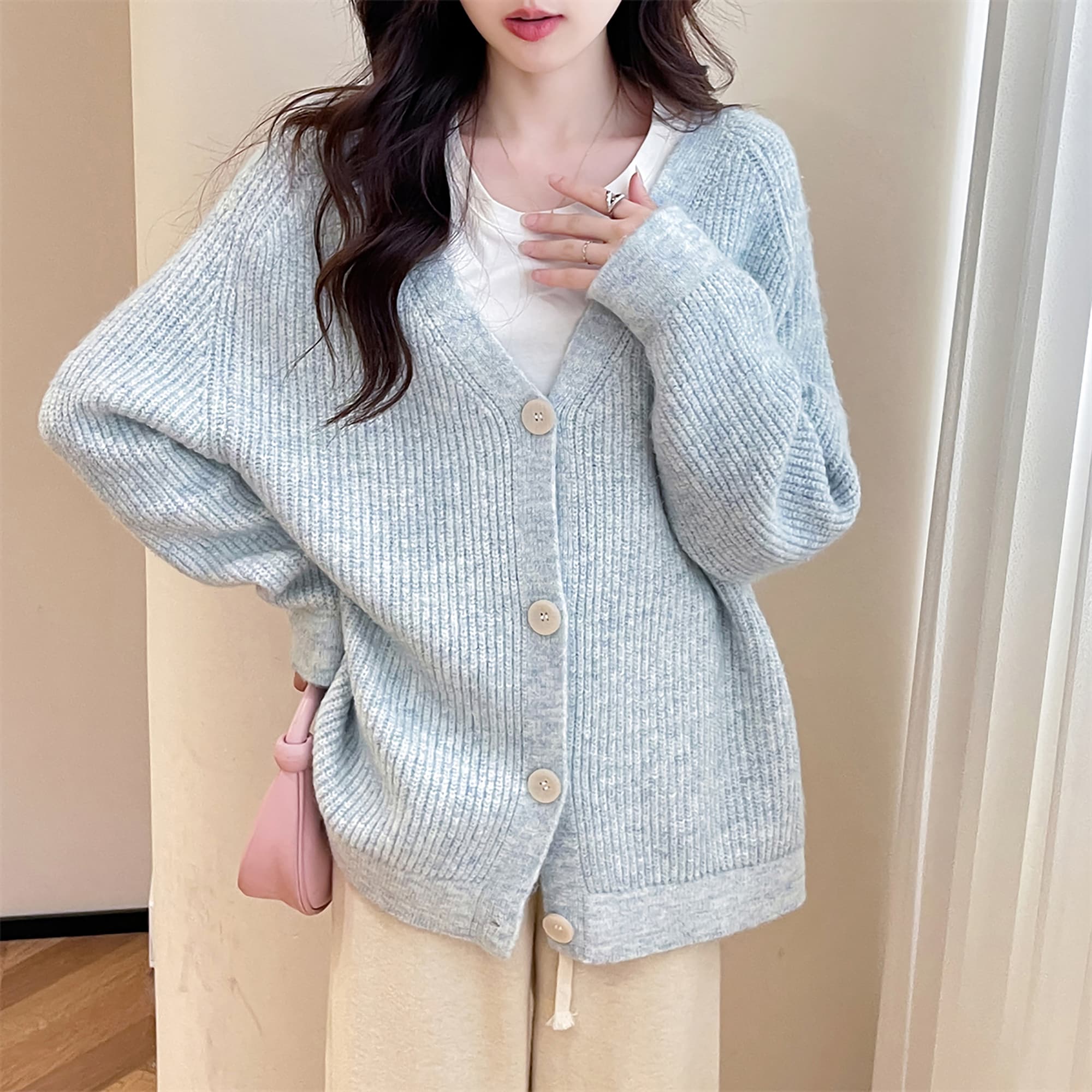 青ファッション カーディガン 柔らかリブ編みゆったりカーディガン