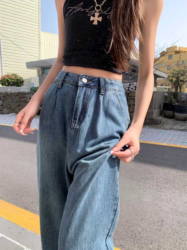 青ファッション ゆったりワイドデニムパンツ