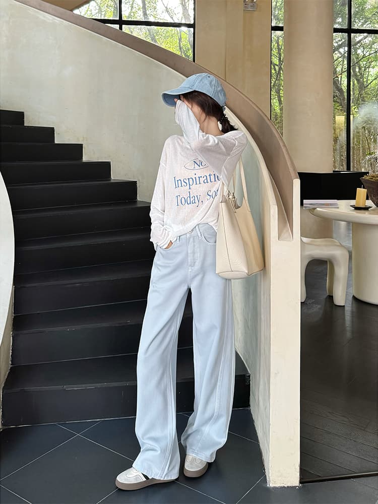青ファッション すっきりワイドデニムパンツ