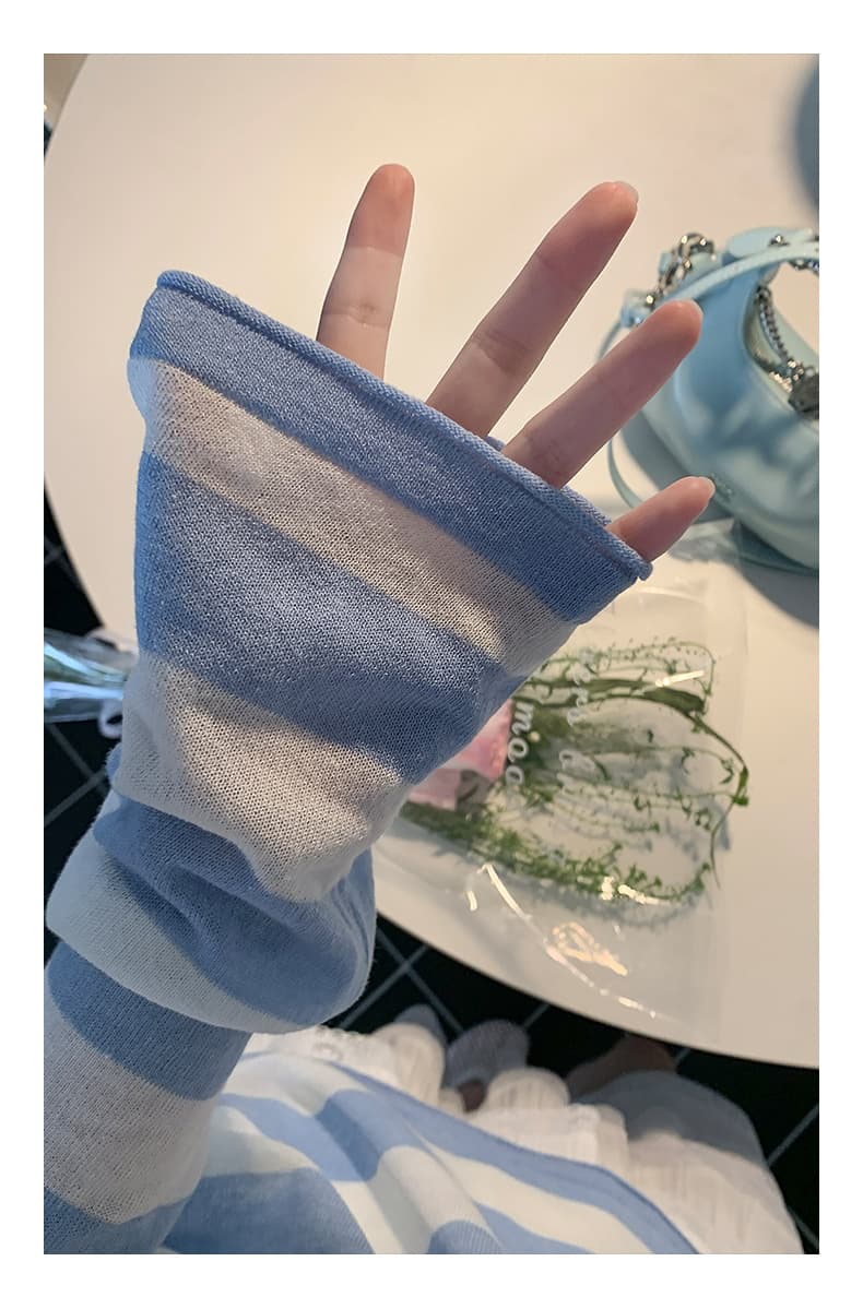 青ファッション 背中編み上げボーダーカーディガン