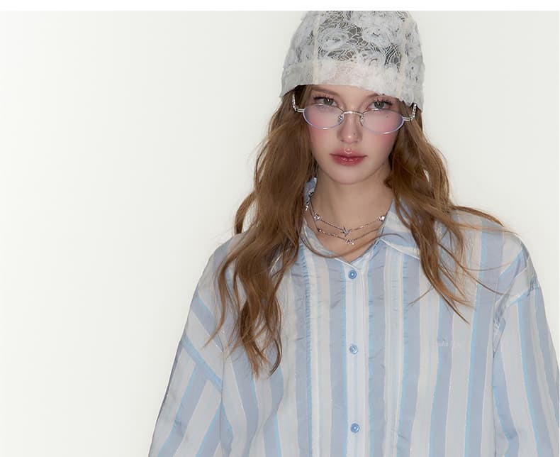 青ファッション シャツ ふんわりフリル付きストライプシャツ