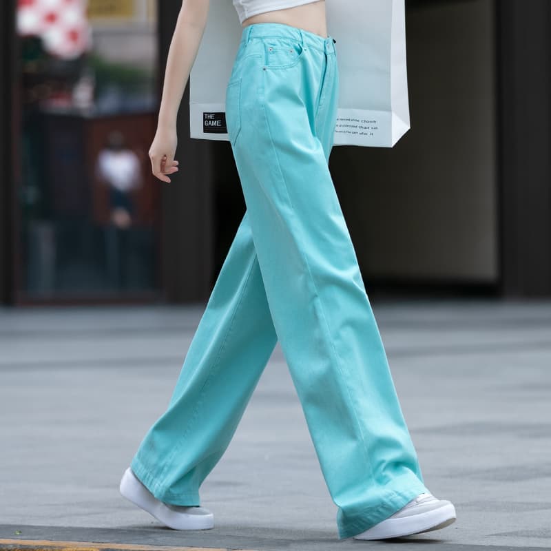 青ファッション パンツ ゆったりワイドデニム