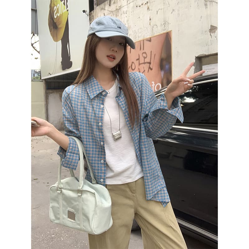 青ファッション ふんわり格子柄ゆったりシャツ