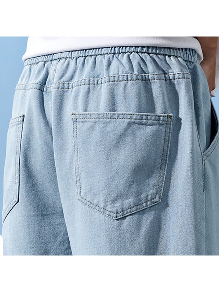 青ファッション リラックス紐付きデニムパンツ