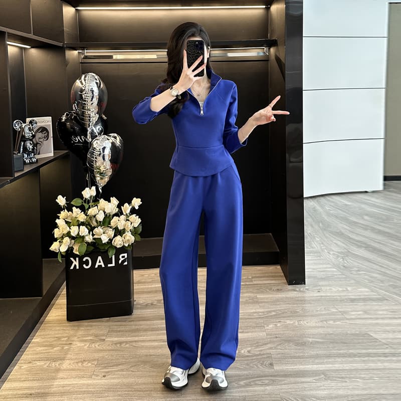 青ファッション セットアップ ハーフジップデザイン
