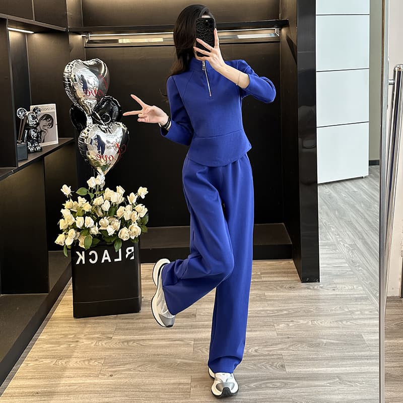 青ファッション セットアップ ハーフジップデザイン