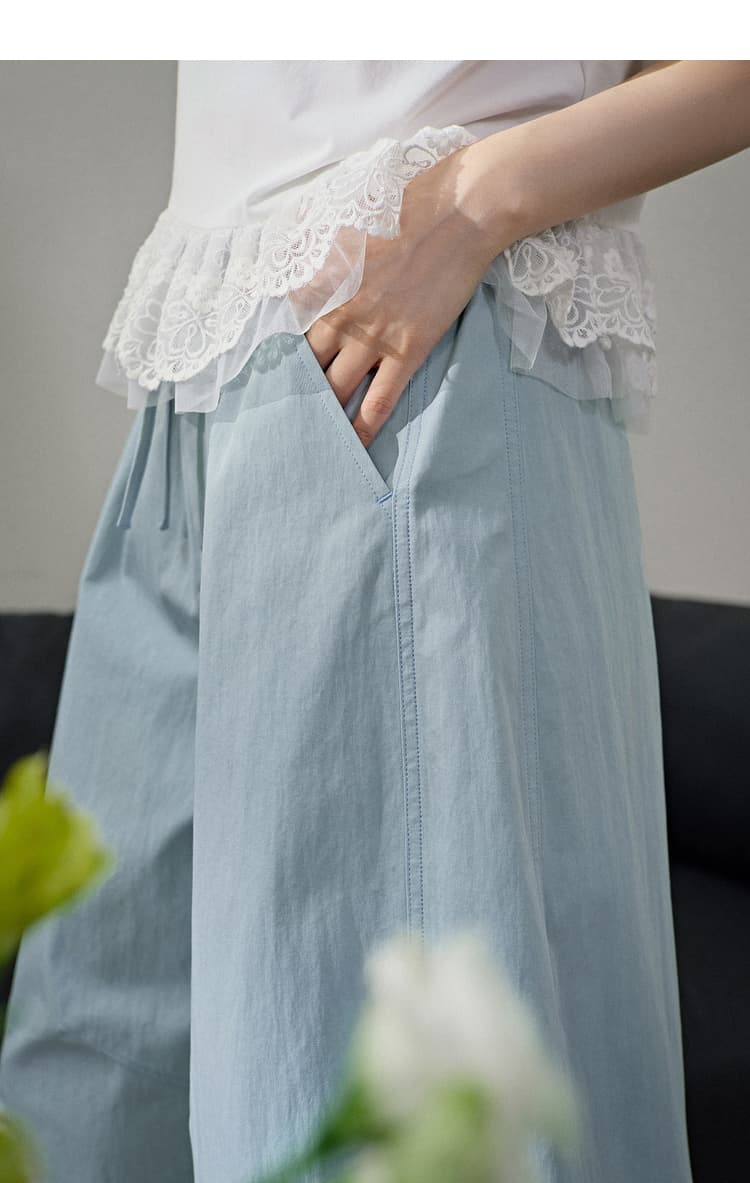 青ファッション 爽やか麻混ワイドパンツ