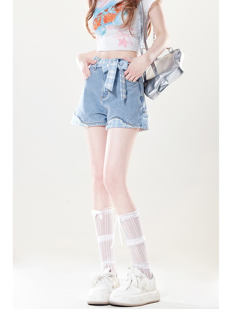 青ファッション チェックリボン付きデニムショートパンツ