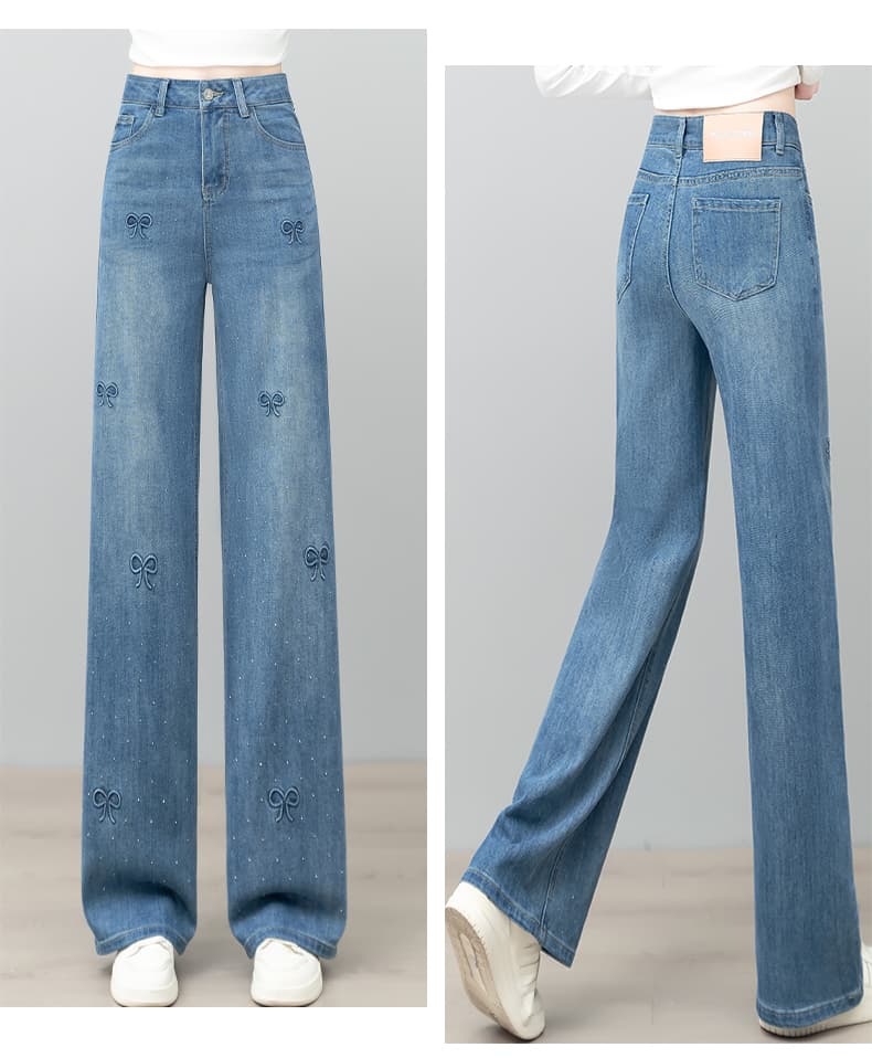 青ファッション パンツ 蝶結び柄ワイドデニム