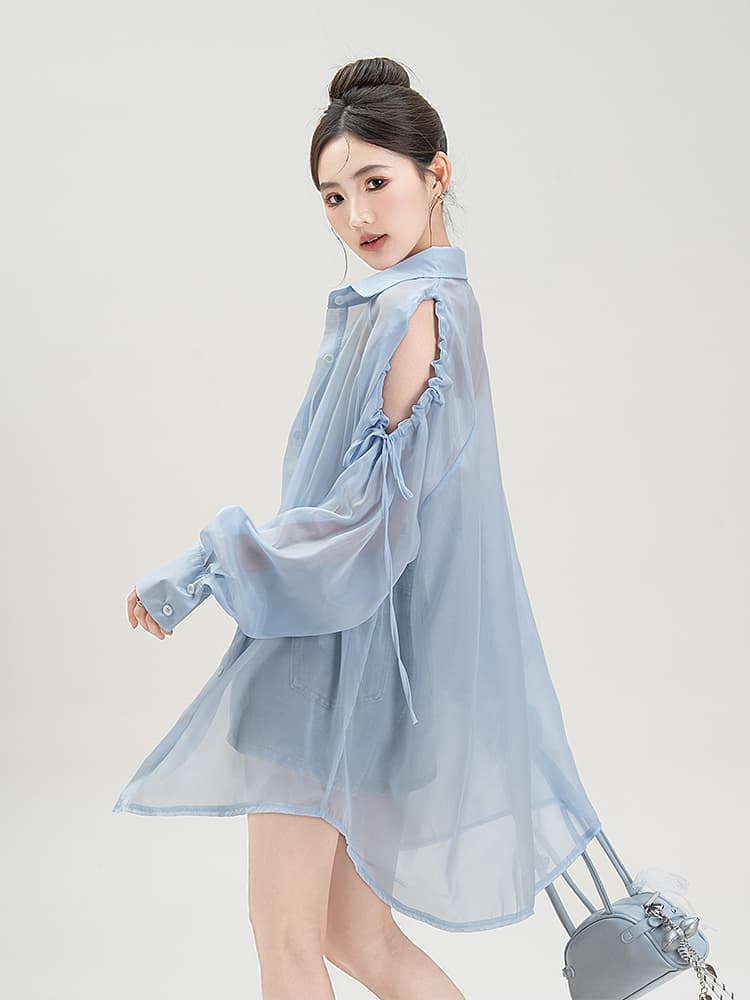 青ファッション 透け感シースルー袖リボンシャツ