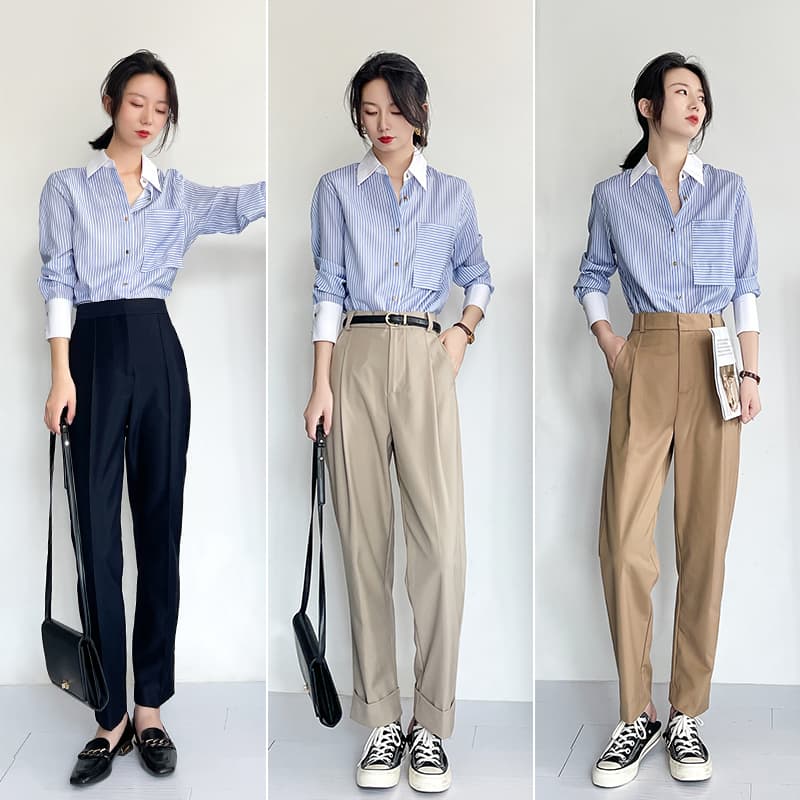 青ファッション シャツ 白襟ストライプデザインシャツ