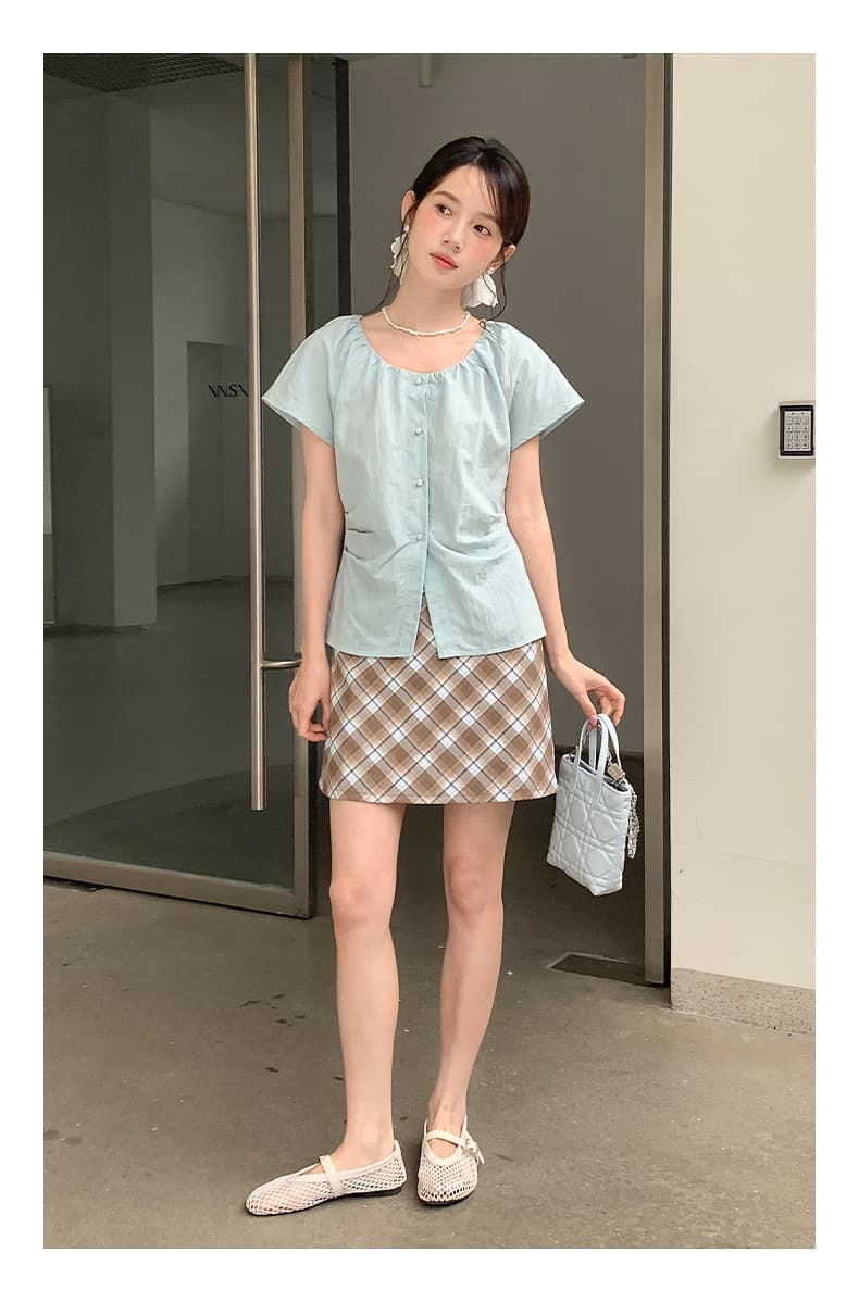 青ファッション ギャザーネック リネン風半袖シャツ