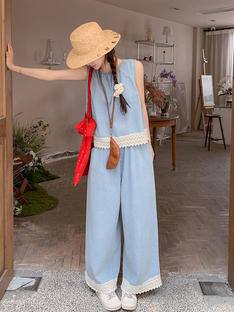 青ファッション レース縁取りノースリーブセットアップ