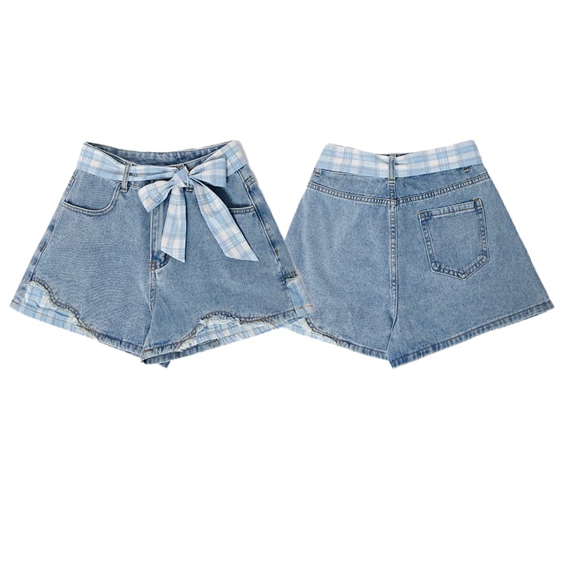 青ファッション チェックリボン付きデニムショートパンツ