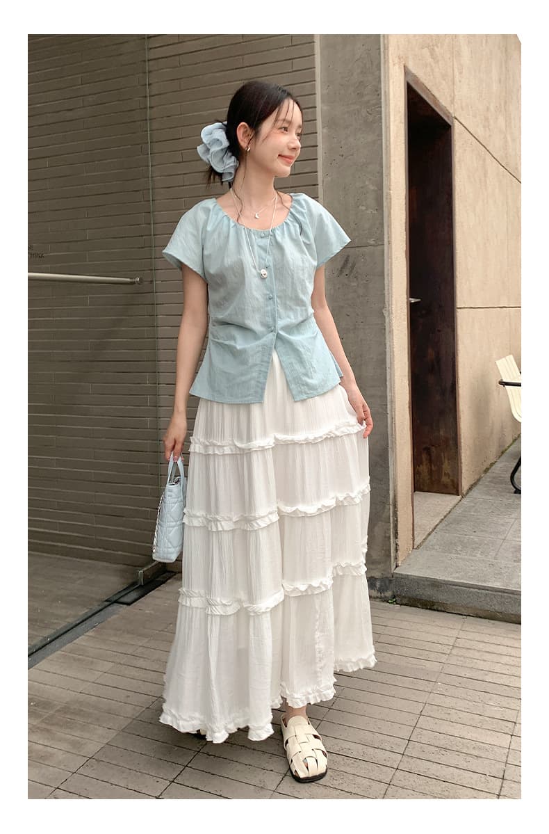 青ファッション ギャザーネック リネン風半袖シャツ