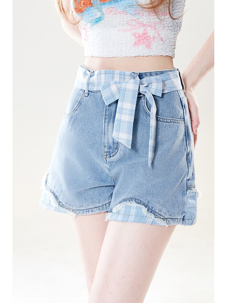 青ファッション チェックリボン付きデニムショートパンツ