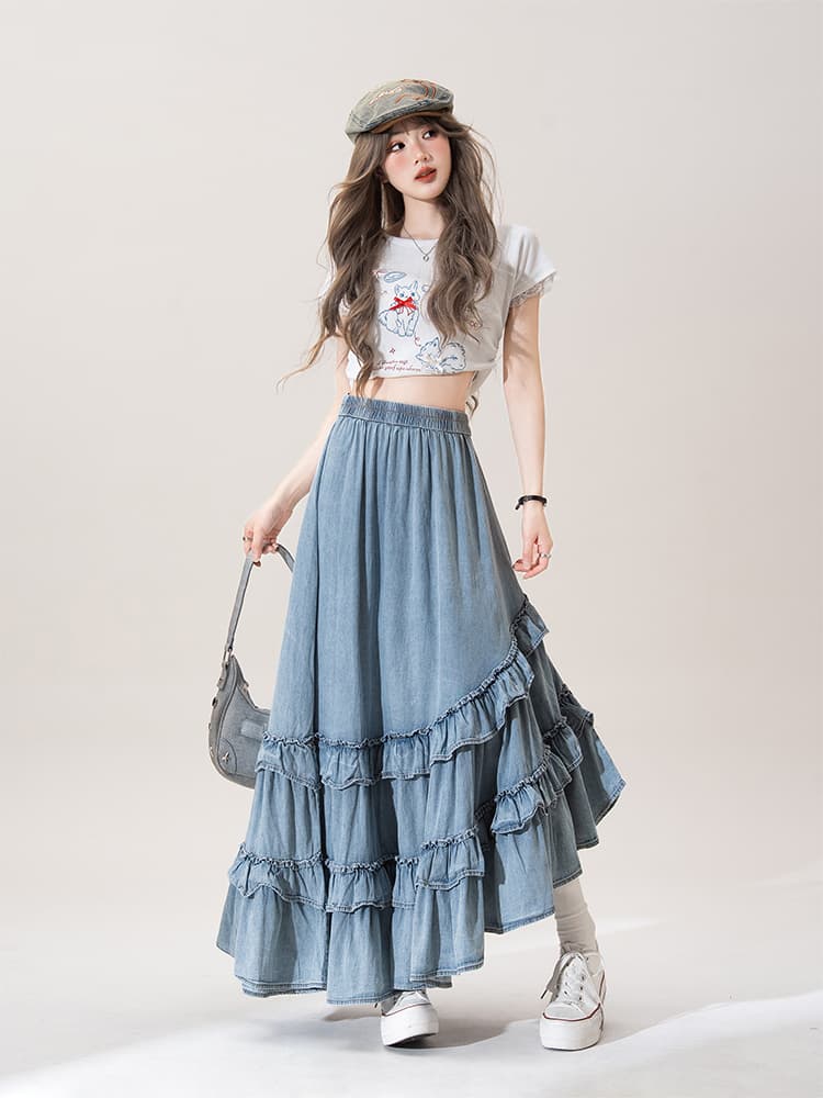 青ファッション ふんわりフリルマキシスカート