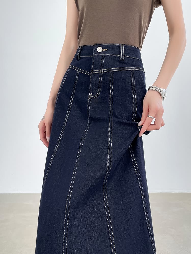 青ファッション ステッチデザインデニムフレアスカート
