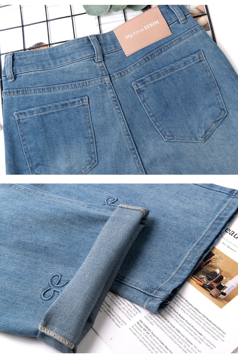 青ファッション パンツ 蝶結び柄ワイドデニム