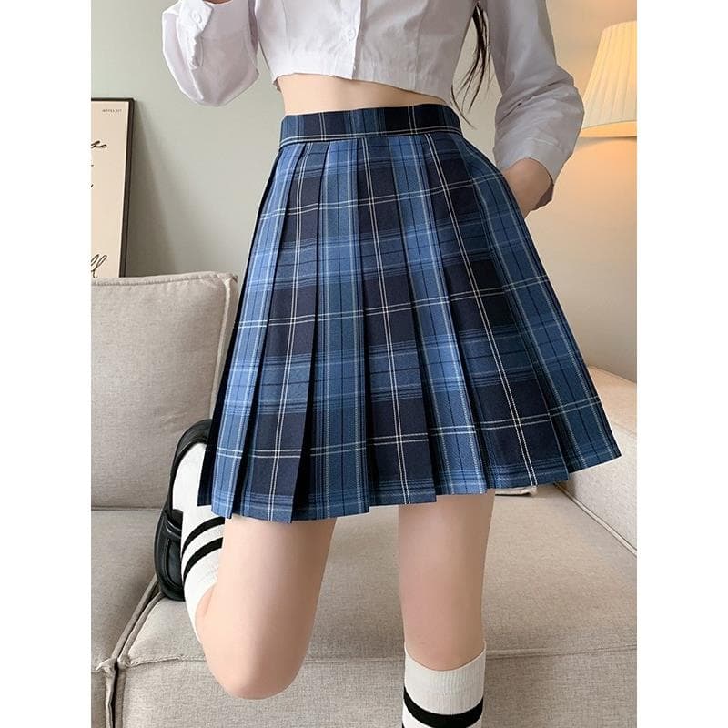 青ファッション スカート プリーツタータンチェックスカート
