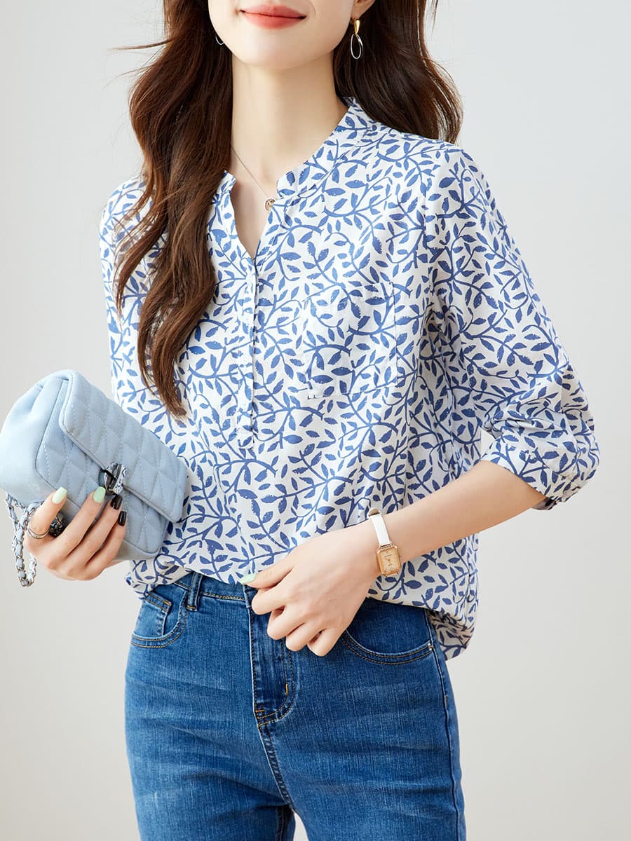 青ファッション 小枝模様のスタンドカラーシャツ