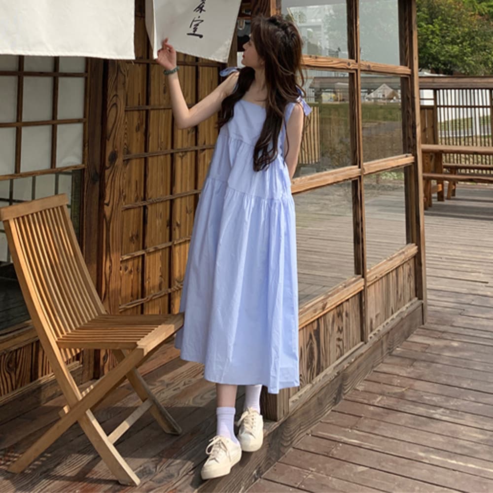 青ファッション 爽やか ティアード肩リボン ロングワンピース
