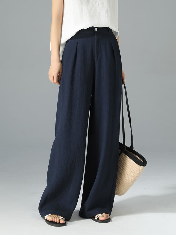 青ファッション リネン風ワイドパンツ