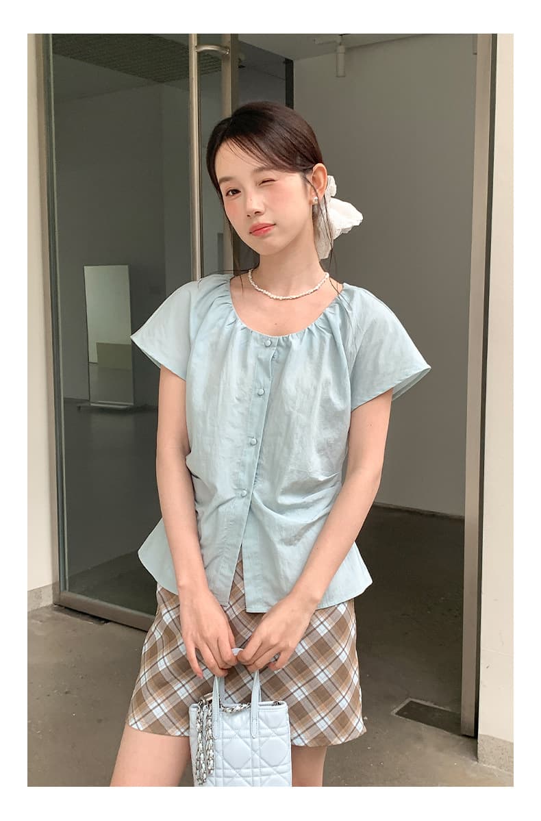 青ファッション ギャザーネック リネン風半袖シャツ
