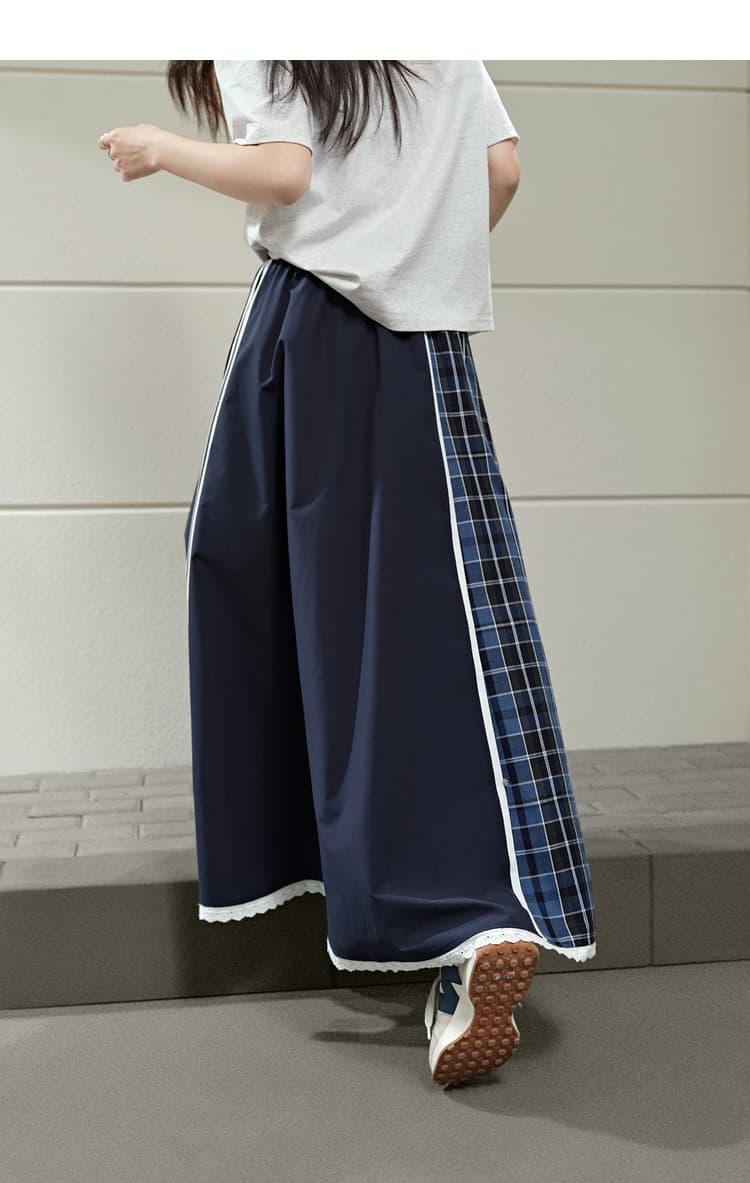 青ファッション スカート 異素材切替マキシ丈ボトムス