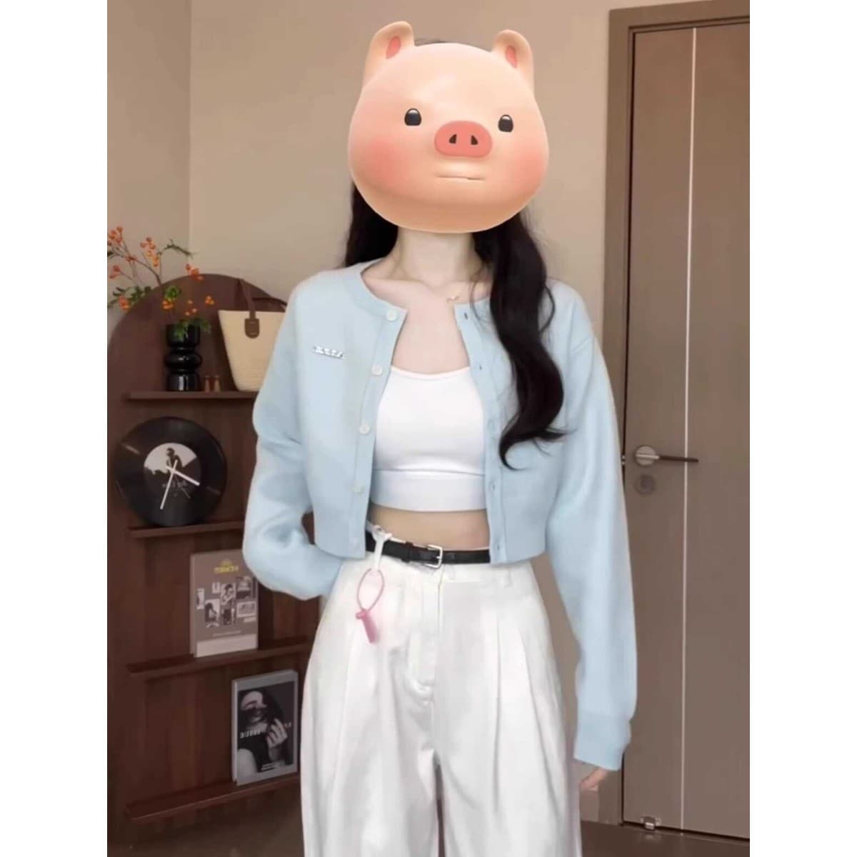 青ファッション 青ファッション クロップド丈シンプルカーディガン