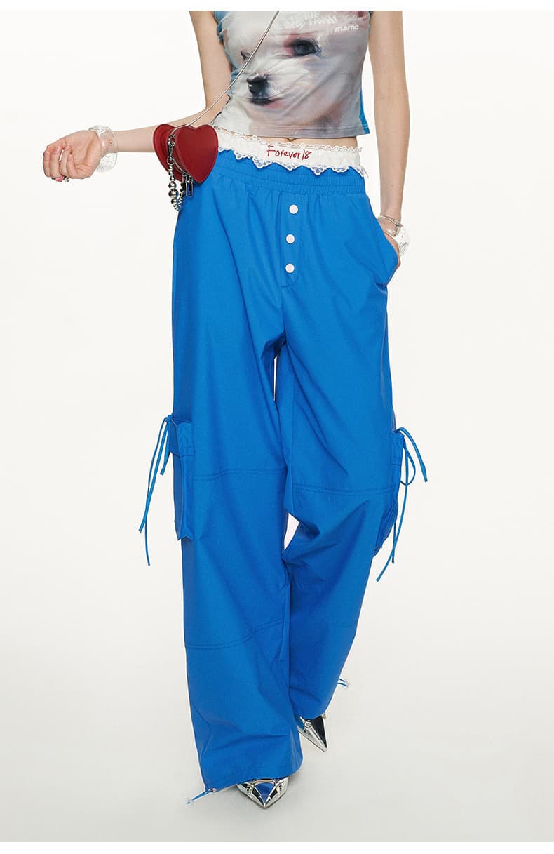 青ファッション パンツ ワイドシルエットカーゴパンツ
