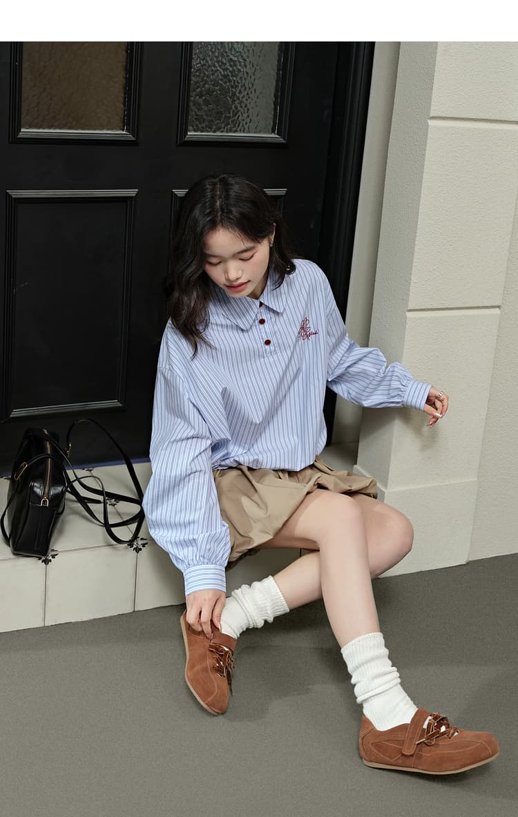 青ファッション シャツ ストライプ柄ゆったりシャツ