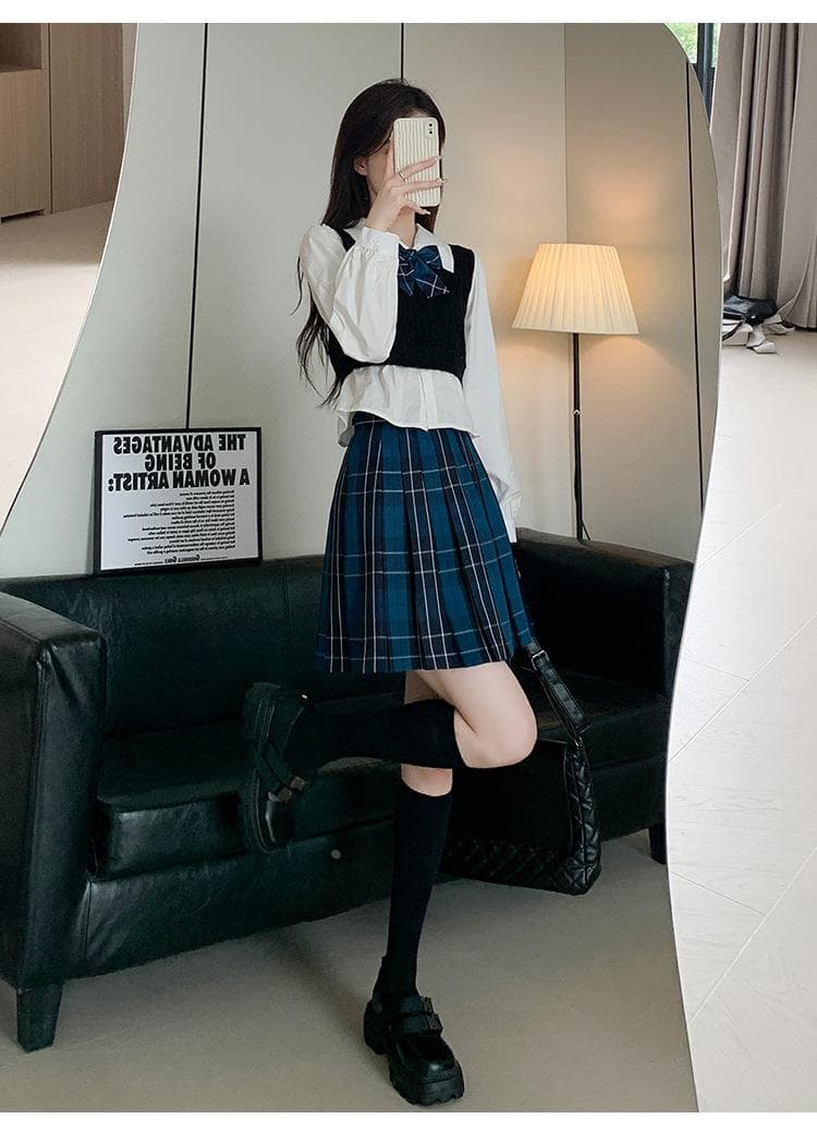 青ファッション スカート プリーツタータンチェックスカート