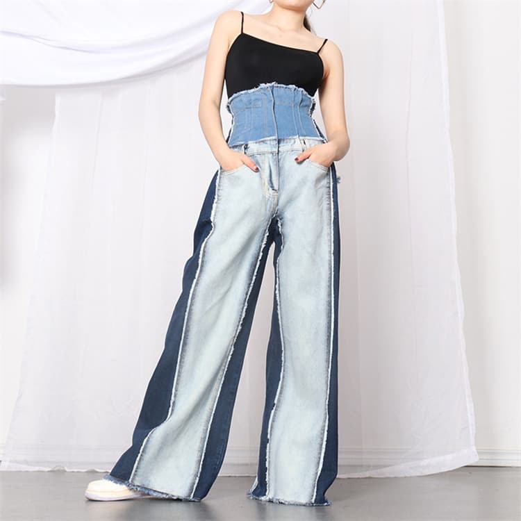 青ファッション デニムワイドパンツ ハイウエスト ゆったりロング